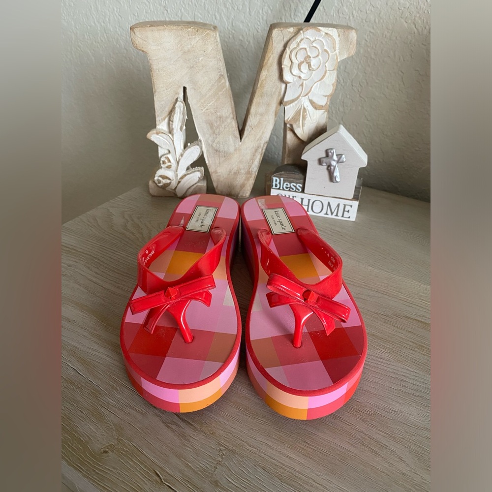kate spade Pink and Red Platform Bow Flip Flops